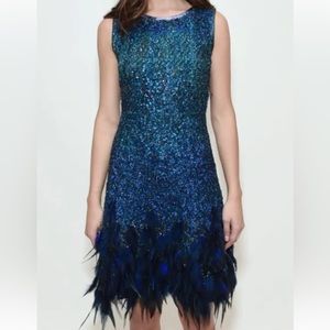Elie Tahari 🦚✨ | Annabelle Embellished Boucle, Sequins & Feather Dress, Size 2